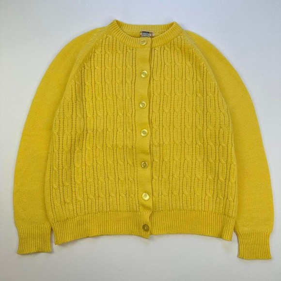 Vintage 70s Cable Knit Cardigan Yellow Button Down Knitwear Sweater - Picture 6 of 8